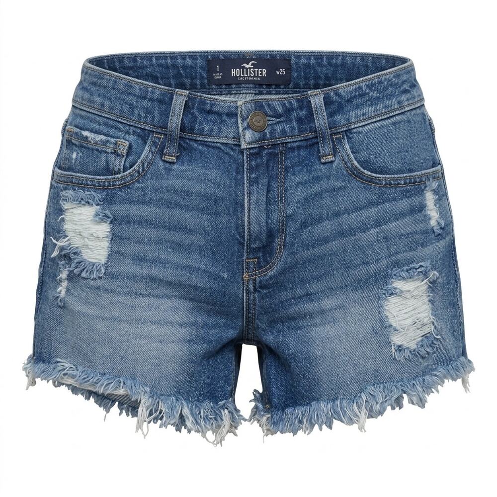 Hollister Low-Rise Midi Short Blue Distressed Denim Shorts Women Size 25